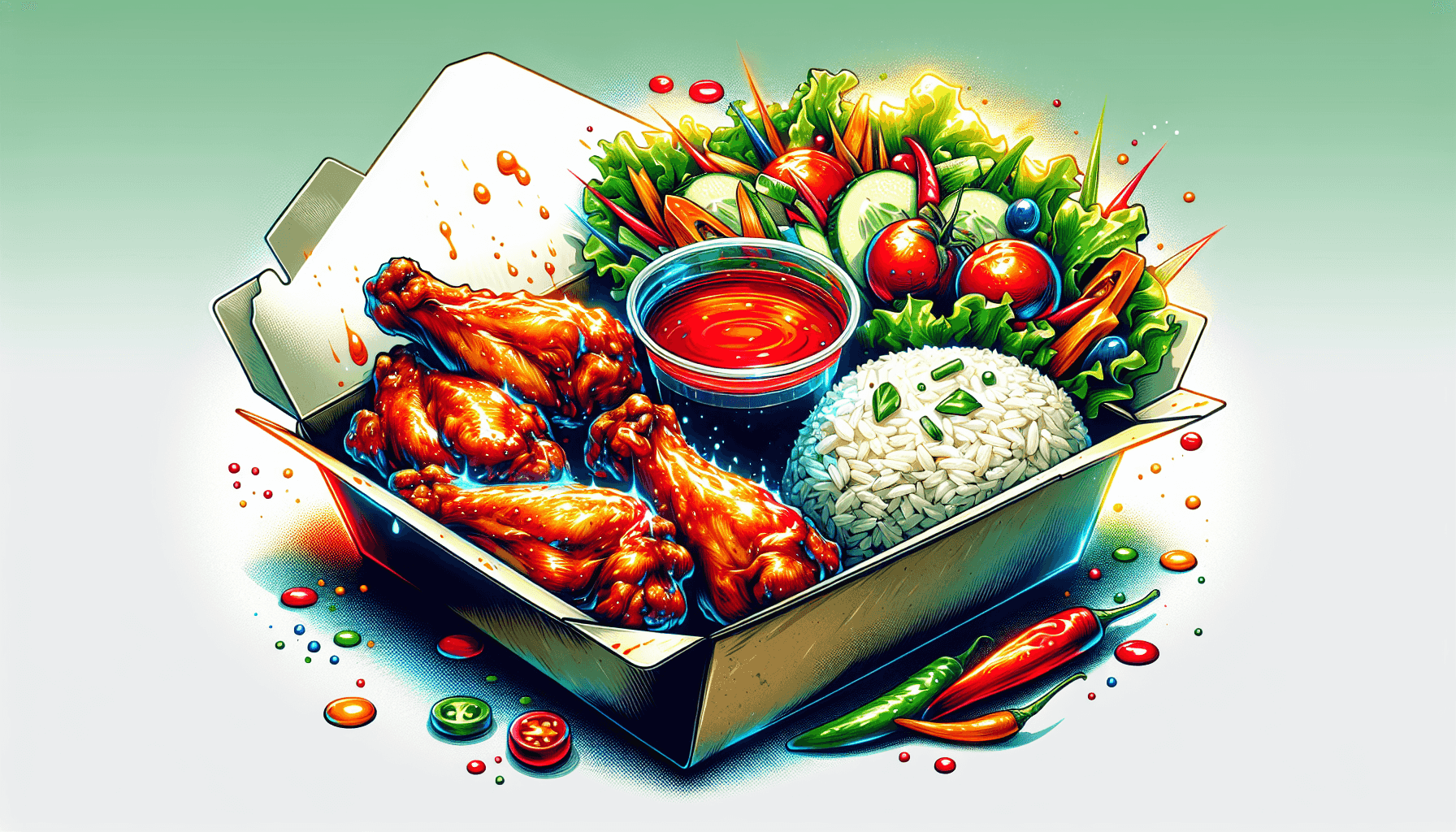 Comida de Chicken Box Express con alitas de pollo, arroz y ensalada