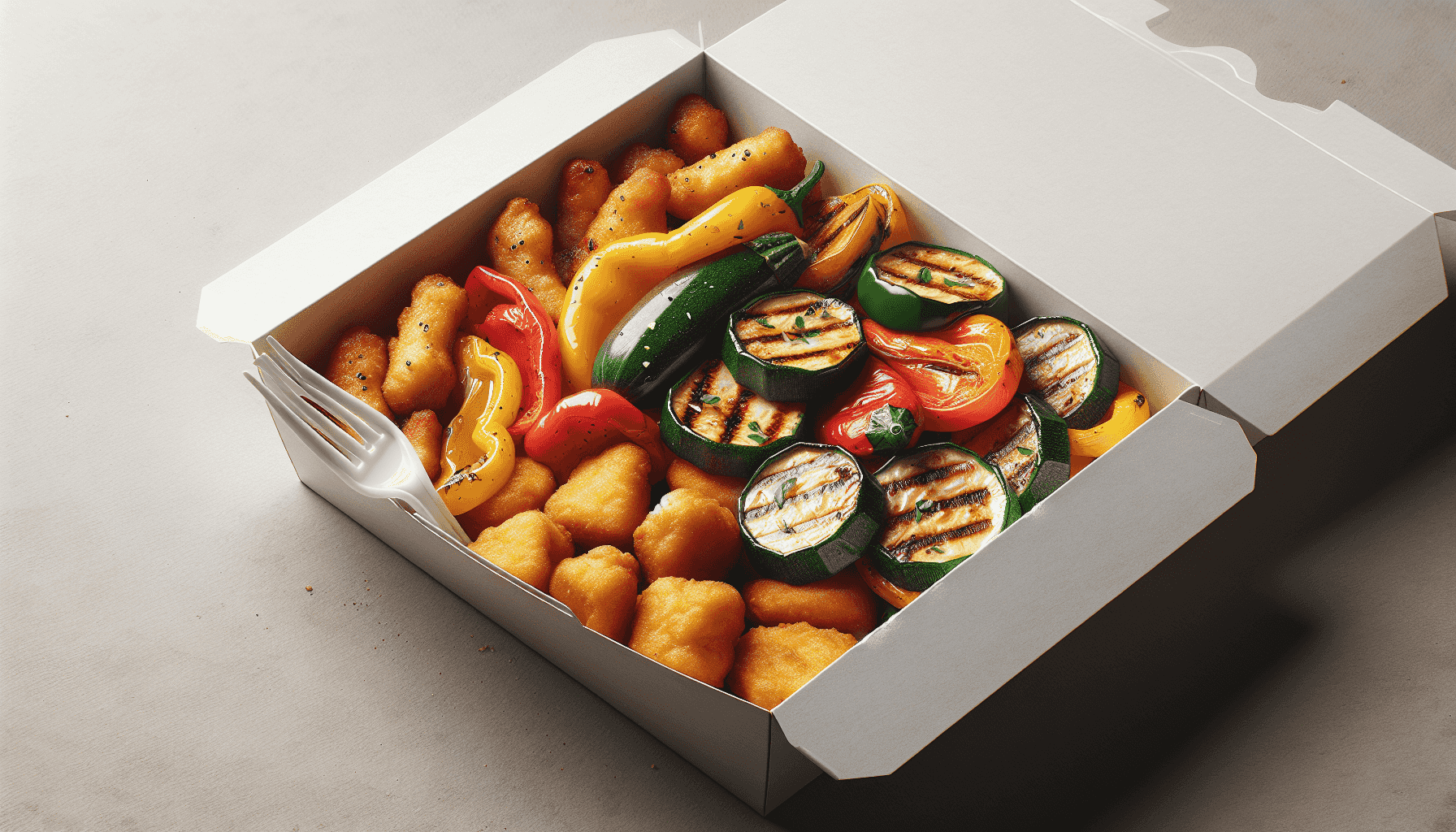 Comida de Chicken Box Express con nuggets de pollo y verduras a la parrilla