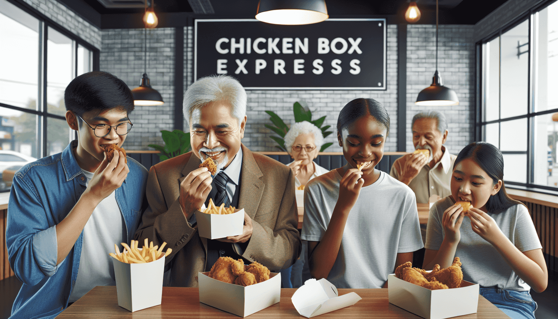 Interior del restaurante Chicken Box Express con clientes disfrutando de sus comidas