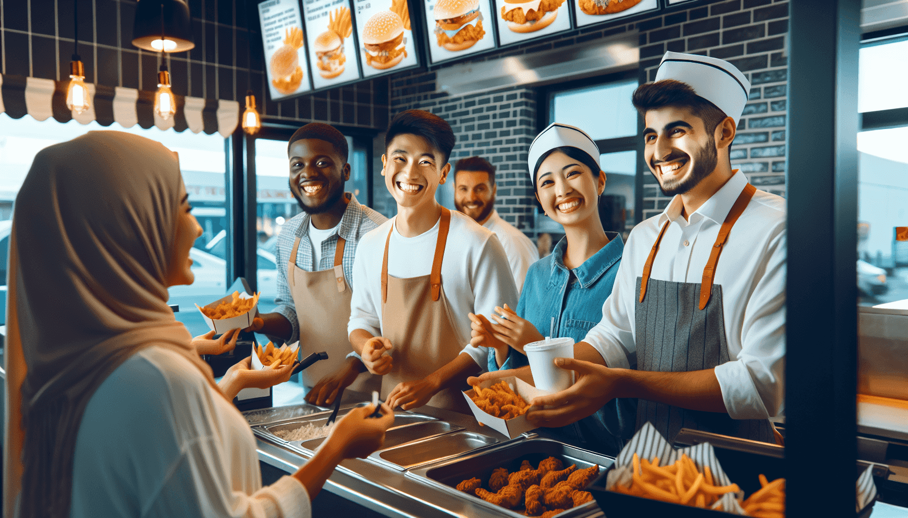 Personal de Chicken Box Express sirviendo a los clientes con una sonrisa